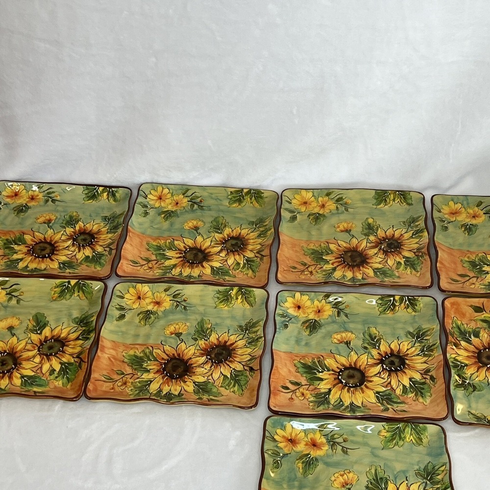 MAXCERA 9" Mustard Sunflower Hand Painted SQUARE‎ PLATE HTF VGC Set Of 9